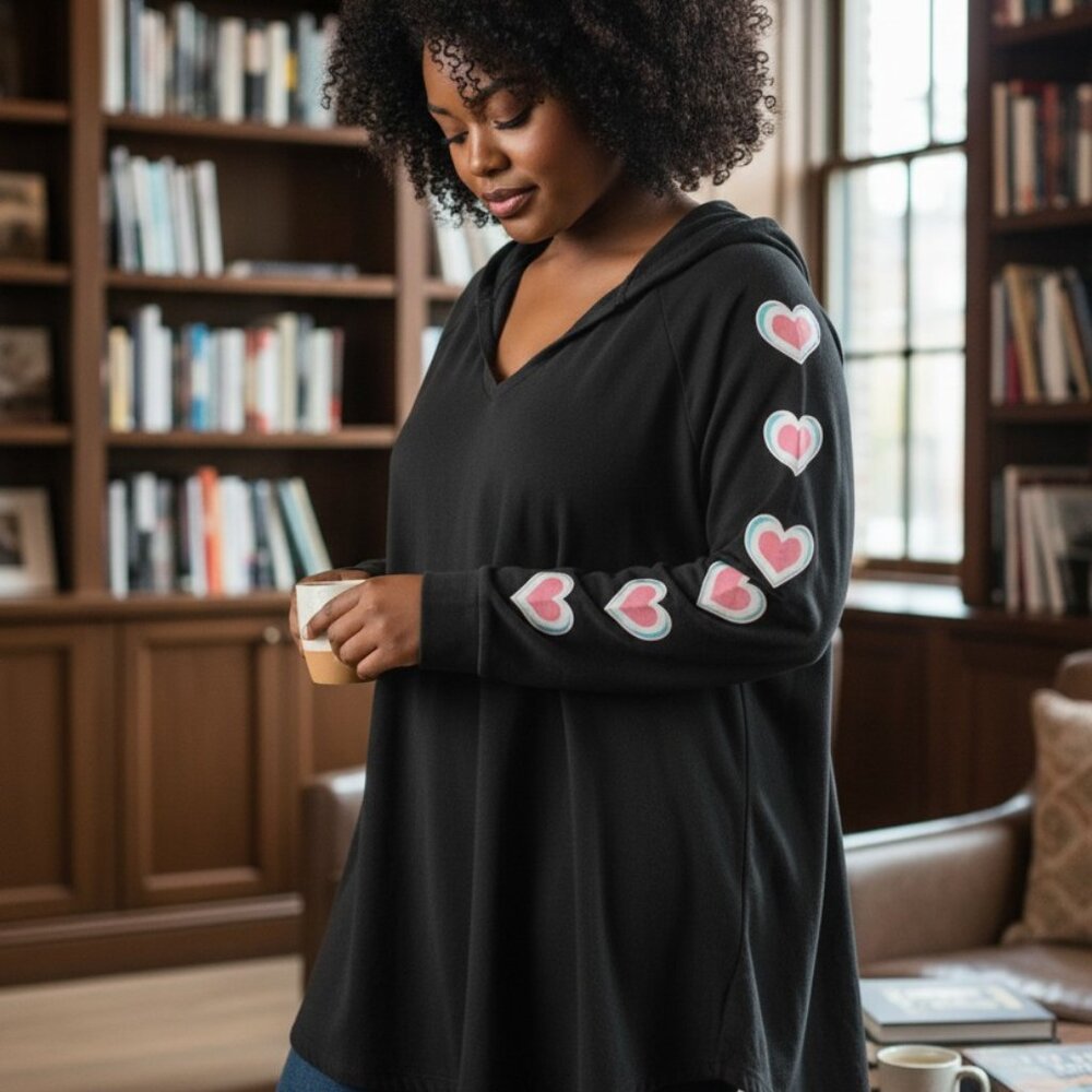 Torrid Size 3 (22/24) Super Soft Black Hoodie w/Tattoo Sleeve of Hearts